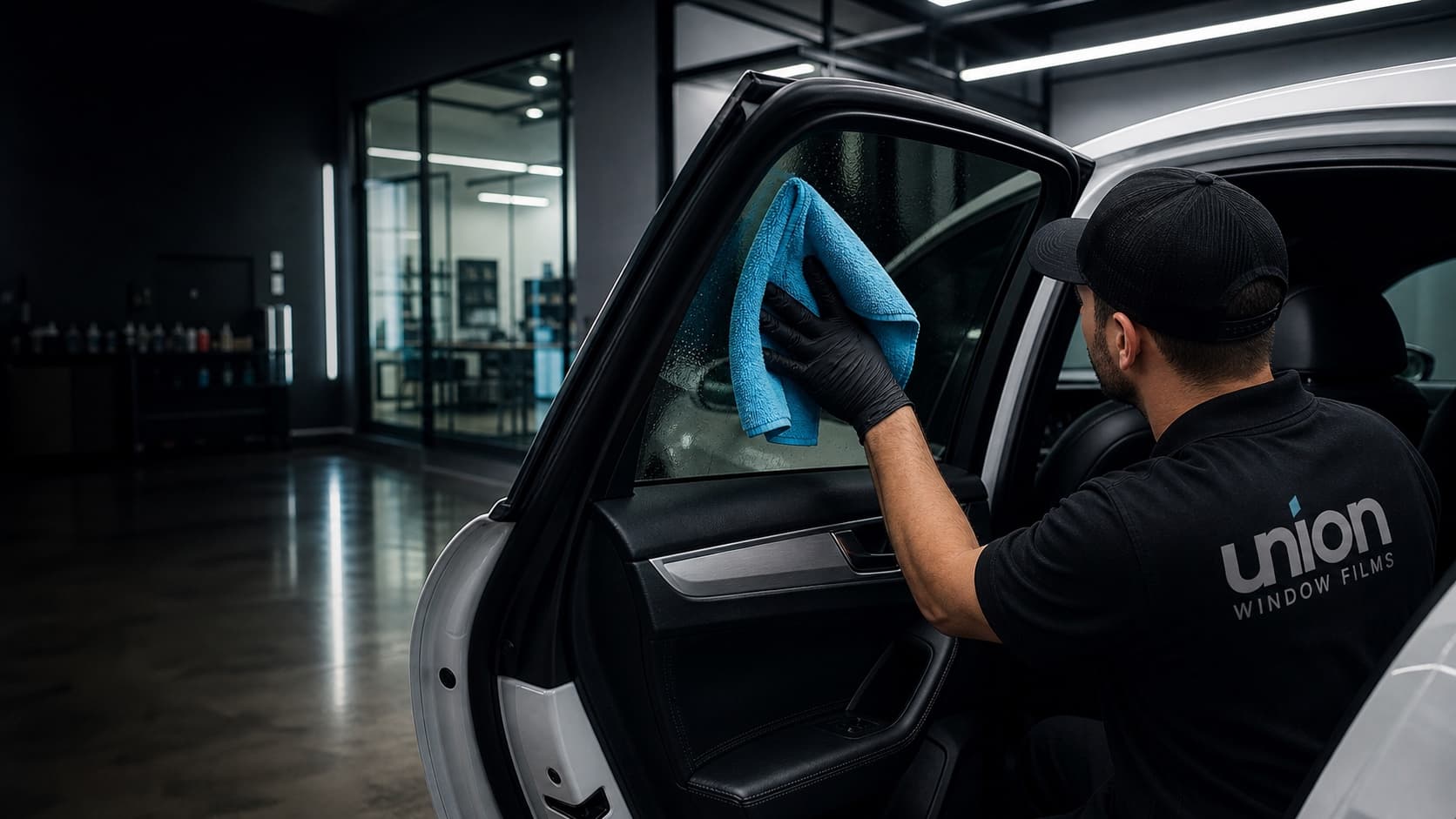 Union Window Films technician applying film to a vehicle window