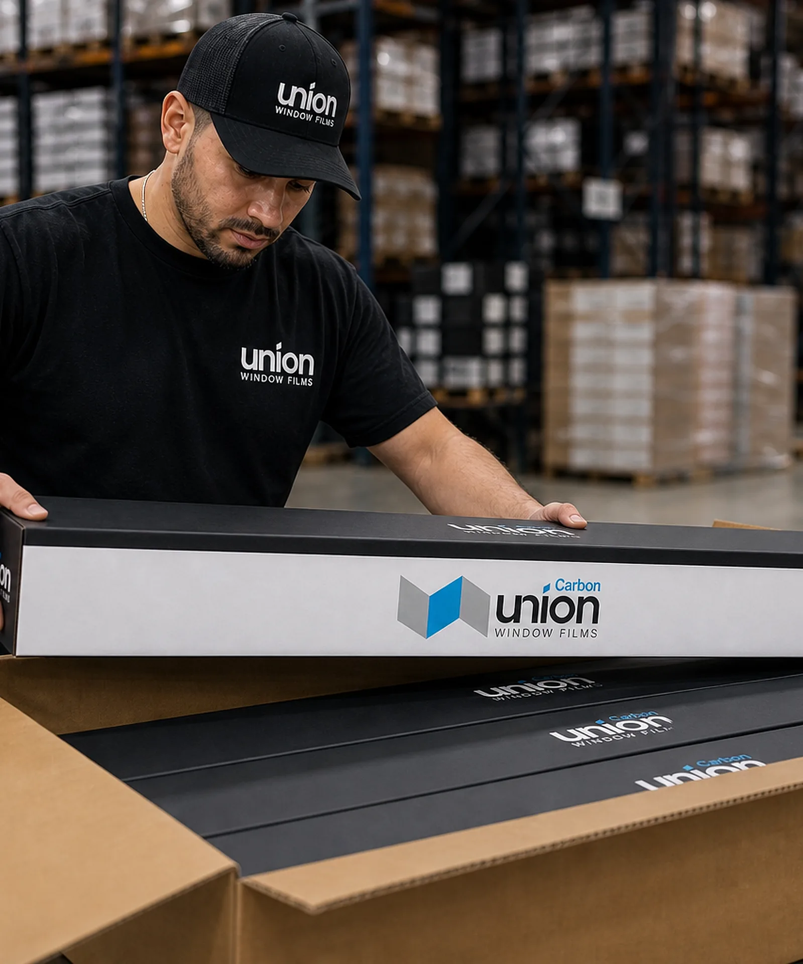 Union Window Films warehouse team member packing film boxes